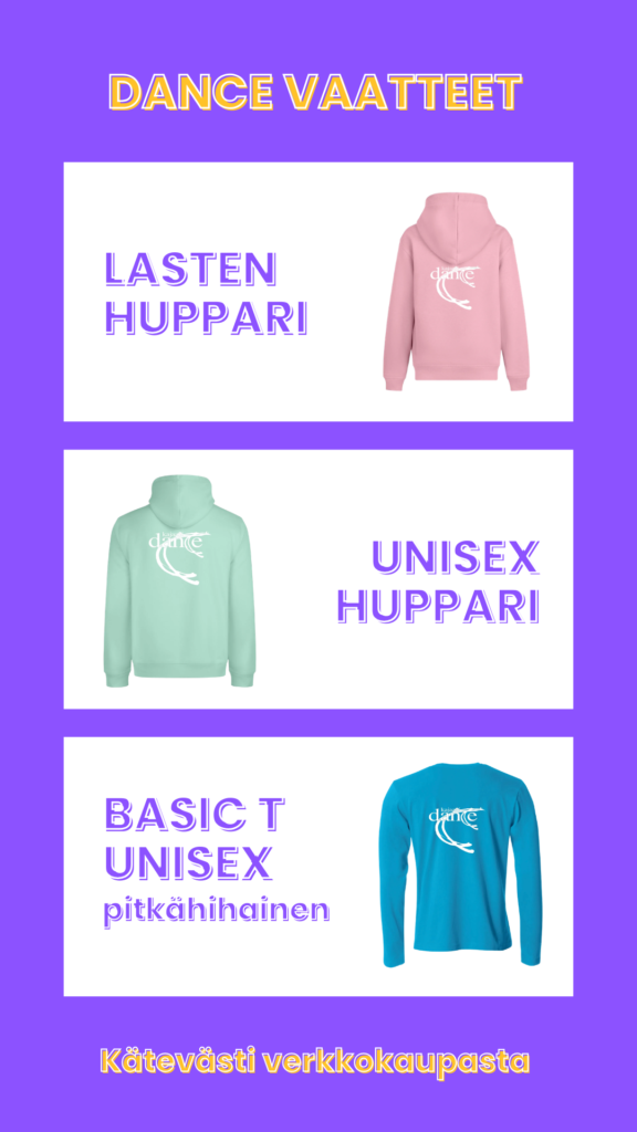 Kuvassa on esitelty Kajaani Dancen verkkokaupassa tilattavissa olevia vaatteita.